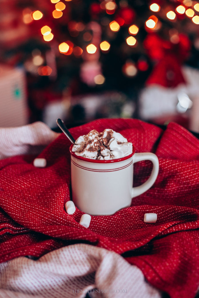 Steaming mug of homemade hot chocolate on a cold winter evening